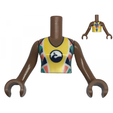 medium brown torso mini doll girl yellow wetsuit with dolphin whale logo coral dark blue and dark turquoise triangles and coral zipper on back pattern medium brown arms with hands