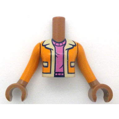 medium brown torso mini doll girl orange jacket with tan collar hems and pockets over dark pink sweater pattern medium brown arms with hands with orange long sleeves