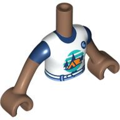medium brown torso mini doll girl white t-shirt with orange tent dark blue trees dark turquoise sky and ground light aqua belt pattern medium brown arms with hands with dark blue short sleeves