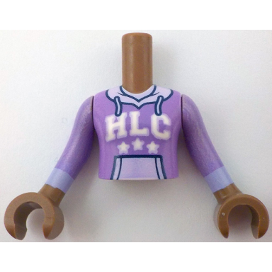 medium brown torso mini doll girl medium lavender hoodie with lavender kangaroo pocket and hood white hlc and stars pattern medium brown arms with hands with medium lavender long sleeves with lavender cuffs