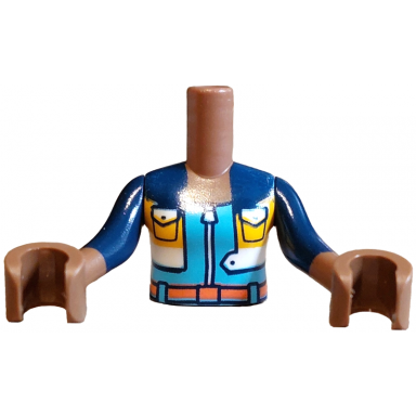 medium brown torso mini doll girl dark blue white and yellow jacket open with pockets over medium azure jumpsuit with zipper and coral belt pattern medium brown arms with hands with dark blue long sleeves