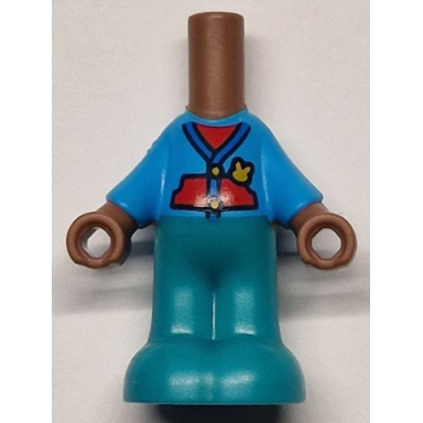 medium brown micro doll body with molded dark azure top and dark turquoise pants and printed blue jacket hems over red top pockets and bright light orange buttons and rabbit pattern