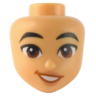 mini doll head friends with black eyebrows reddish brown eyes nougat lips and dark orange lopsided open mouth smile with teeth pattern