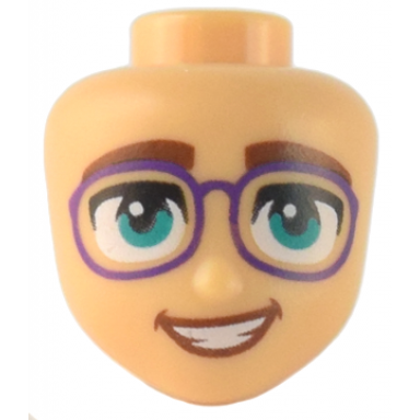 mini doll head friends with thick reddish brown eyebrows dark turquoise eyes dark purple glasses and open mouth smile with teeth pattern