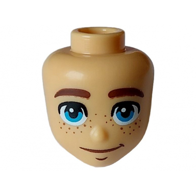 medium tan mini doll head friends with reddish brown thick eyebrows and freckles dark azure eyes chin dimple and wide grin pattern