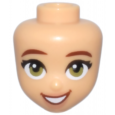medium tan mini doll head friends with reddish brown eyebrows olive green eyes nougat lips and open mouth smile with white teeth pattern
