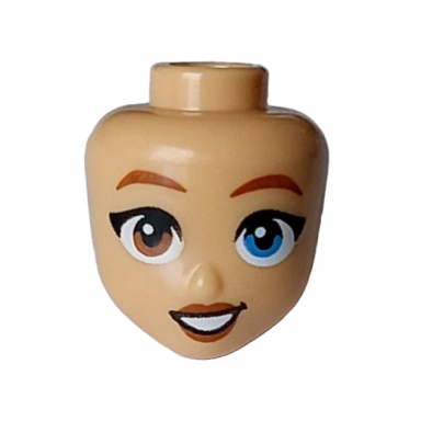 medium tan mini doll head friends with reddish brown eyebrows lips and eye right dark azure eye left black eyelashes open mouth smile with teeth pattern