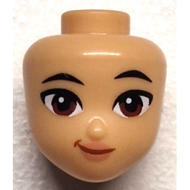 medium tan mini doll head friends with black eyebrows reddish brown eyes nougat lips and dark orange lopsided grin pattern