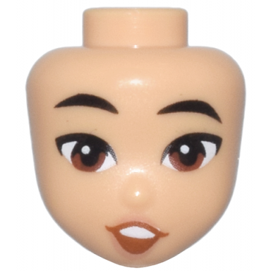 medium tan mini doll head friends with black eyebrows reddish brown eyes nougat lips and dark orange open mouth smile with top teeth pattern