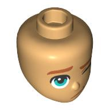 medium tan mini doll head friends with dark orange eyebrows mouth and chin dimple dark turquoise right eye and closed left eye pattern