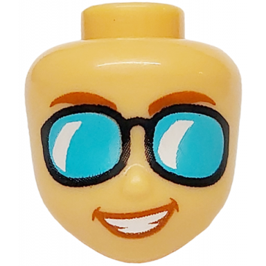 medium tan mini doll head friends with dark orange eyebrows and lips black sunglasses with medium azure lenses open mouth smile pattern