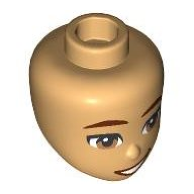 medium tan mini doll head friends with reddish brown eyebrows medium nougat eyes and reddish brown lopsided open mouth smile with teeth pattern