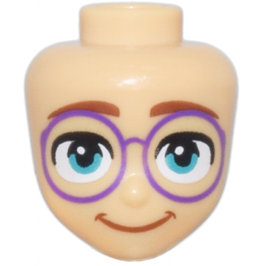 medium tan mini doll head friends with thick reddish brown eyebrows dark turquoise eyes round dark purple glasses and closed mouth smile pattern