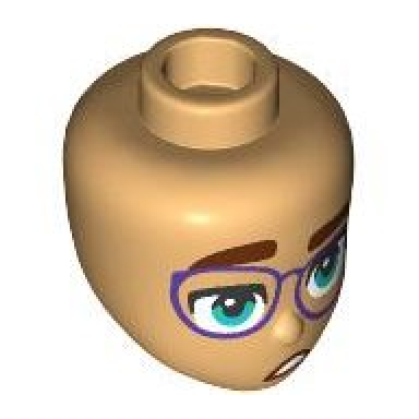 medium tan mini doll head friends with thick reddish brown eyebrows dark turquoise eyes dark purple glasses and scared open mouth with white teeth pattern