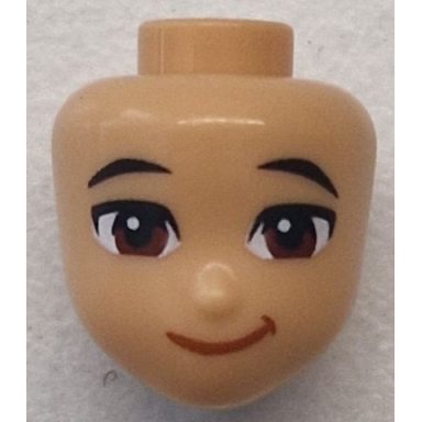 medium tan mini doll head friends with black eyebrows reddish brown eyes dark orange lopsided grin pattern