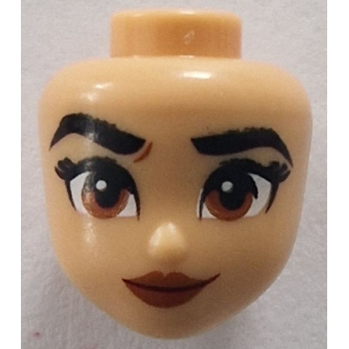 medium tan mini doll head friends with black eyebrows eyelashes dark orange eyes and lips dark red lopsided grin pattern