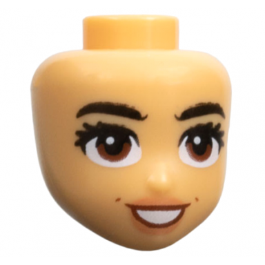 medium tan mini doll head friends with black bushy eyebrows eyelashes reddish brown eyes dimples nougat lips open mouth smile with teeth pattern