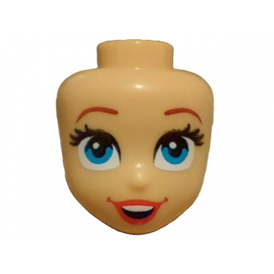 medium tan mini doll head friends with reddish brown eyebrows black eyelashes dark azure eyes red lips and open mouth smile with top teeth pattern