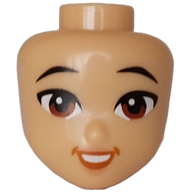 medium tan mini doll head friends with black eyebrows reddish brown eyes nougat lips dark orange open mouth rounded smile with teeth pattern