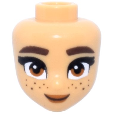 medium tan mini doll head friends with dark brown thick eyebrows and freckles dark orange eyes and lips closed mouth smile pattern