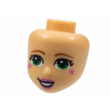 medium tan mini doll head friends with dark orange eyebrows green eyes dark pink lips and stars on cheeks pattern