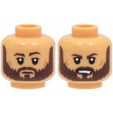 medium tan minifigure head dual sided dark brown eyebrows and full beard nougat cheek lines neutral angry with open mouth with teeth pattern