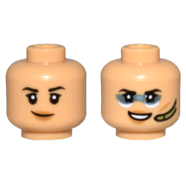 medium tan minifigure head dual sided female black eyebrows medium nougat lips and smile metallic light blue face paint and olive green headset pattern