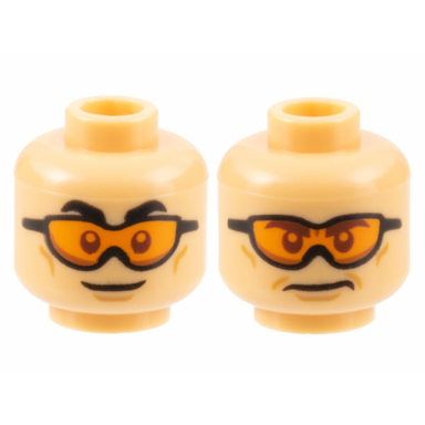 medium tan minifigure head dual sided black eyebrows cheek lines chin dimple orange goggles grin frown pattern