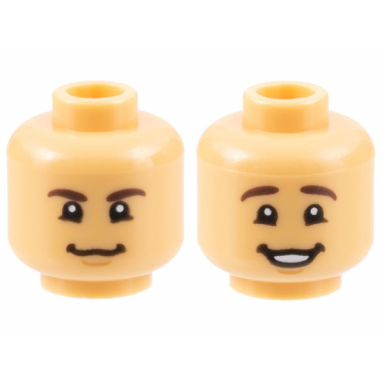 medium tan minifigure head dual sided dark brown eyebrows chin dimple grin smile with teeth pattern