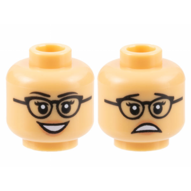 medium tan minifigure head dual sided female black eyebrows glasses peach lips open mouth smile scared pattern