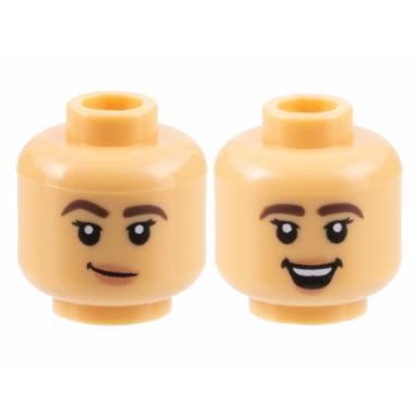 medium tan minifigure head dual sided female dark brown eyebrows thick black eyelashes nougat lips lopsided grin open mouth smile with top teeth pattern
