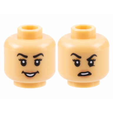 medium tan minifigure head dual sided female black eyebrows nougat eye shadow and lips open smile disgust with raised eyebrow right pattern