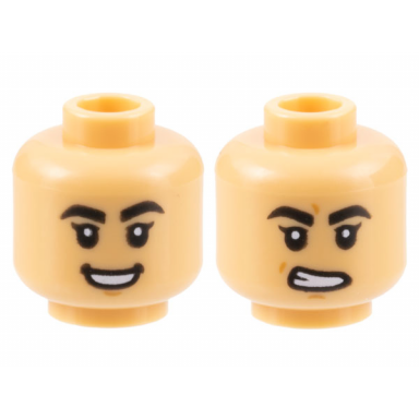 medium tan minifigure head dual sided female black thick eyebrows chin dimple open mouth smile gritted teeth pattern