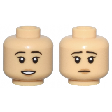 medium tan minifigure head dual sided female black eyebrows medium nougat lips open mouth smile with teeth sad pattern