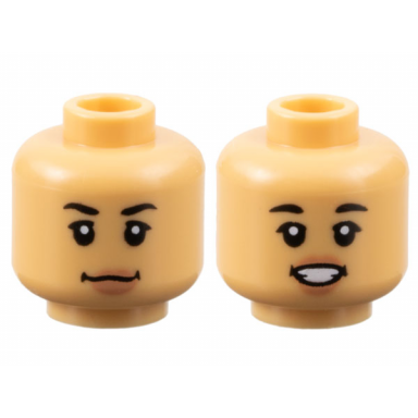 medium tan minifigure head dual sided female black eyebrows nougat lips neutral open mouth smile with teeth pattern