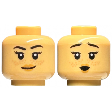 medium tan minifigure head dual sided female black eyebrows eyelashes nougat freckles medium nougat lips lopsided grin surprised pattern