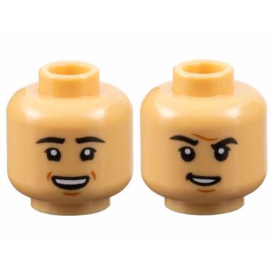 medium tan minifigure head dual sided male black eyebrows eyelashes dark orange chin dimple open mouth smile with top teeth and dimples grin and furrowed brow pattern