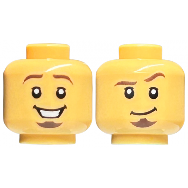 medium tan minifigure head dual sided dark brown eyebrows and goatee smile with teeth smirk with raised eyebrow pattern