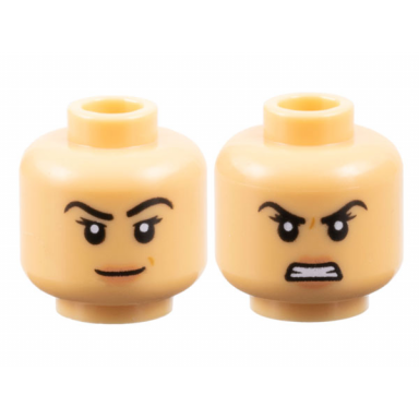medium tan minifigure head dual sided female black eyebrows and eyelashes nougat lips grin with dimple angry with bared teeth pattern