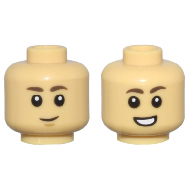 medium tan minifigure head dual sided child dark brown eyebrows grin with medium nougat chin dimple open mouth smile with teeth pattern