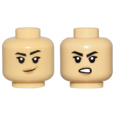 medium tan minifigure head dual sided female black angled eyebrows thick single eyelashes nougat lips smirk with medium nougat dimple open mouth scowl with teeth pattern