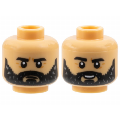 medium tan minifigure head dual sided black thick eyebrows full beard moustache medium nougat wrinkles stern open mouth smile with teeth pattern