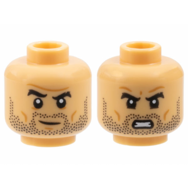 medium tan minifigure head dual sided black thick eyebrows and beard stubble medium nougat cheek lines and wrinkles sly grin angry bared teeth pattern