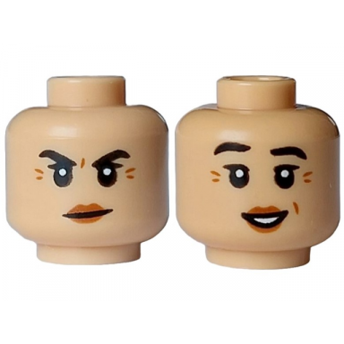 medium tan minifigure head dual sided female black eyebrows raised dark orange wrinkles and lips mouth closed angry open smile with white teeth pattern