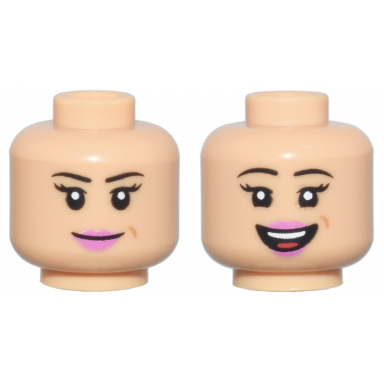 medium tan minifigure head dual sided female thin black eyebrows long eyelashes dimple dark pink lips closed mouth smile open mouth smile pattern