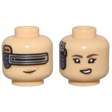 medium tan minifigure head dual sided female dark silver and silver mechanical device nougat lips visor and grin dark brown eyebrows black single eyelashes lopsided open mouth smile with teeth pattern