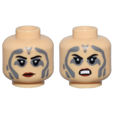 medium tan minifigure head dual sided female black eyebrows single eyelashes dark bluish gray tattoos dark red lips frown angry bared teeth pattern