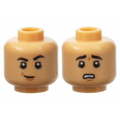 medium tan minifigure head dual sided black eyebrows eyelids dark orange chin dimple smirk scared open mouth with teeth pattern