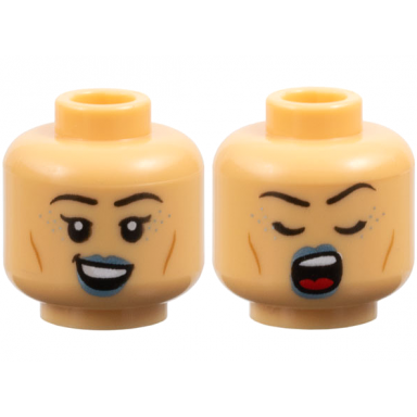 medium tan minifigure head dual sided female black eyebrows metallic light blue lips and spots cheek lines open mouth smile singing with closed eyes pattern