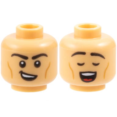 medium tan minifigure head dual sided black eyebrows medium nougat cheek lines lopsided open mouth smile closed eyes singing pattern